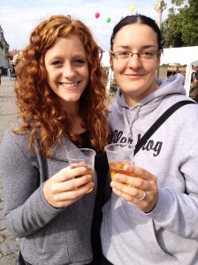 Trying the Honey Whiskey with my teammate Veronika. 